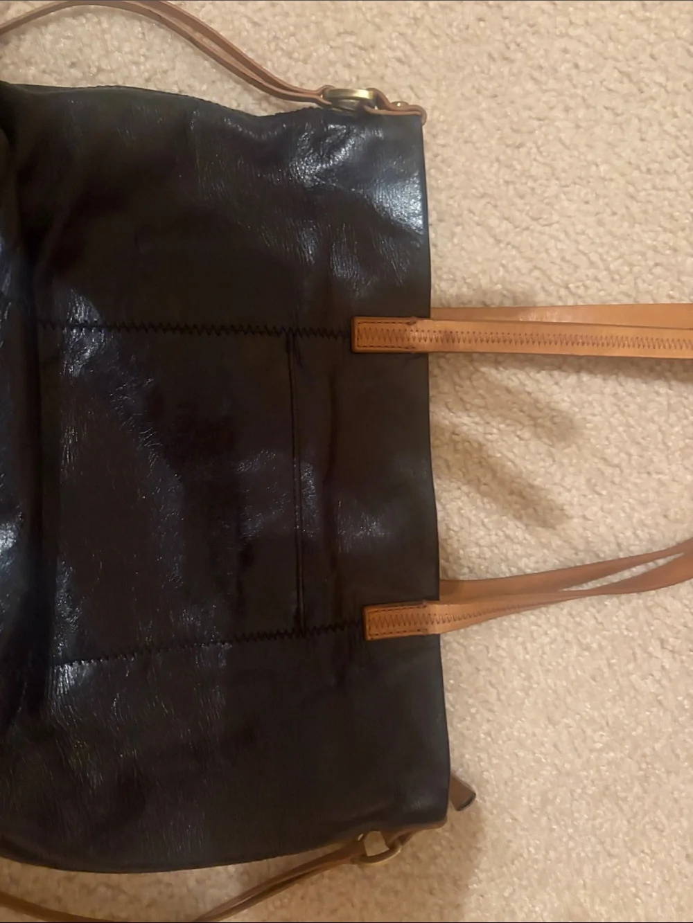 Hobo Black Leather Tote Bag with Tan Shoulder Straps